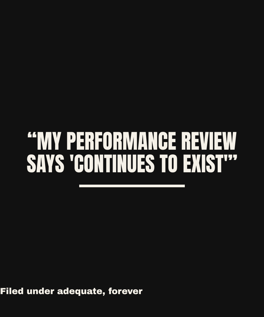 MY PERFORMANCE REVIEW SAYS 'CONTINUES TO EXIST' print detail
